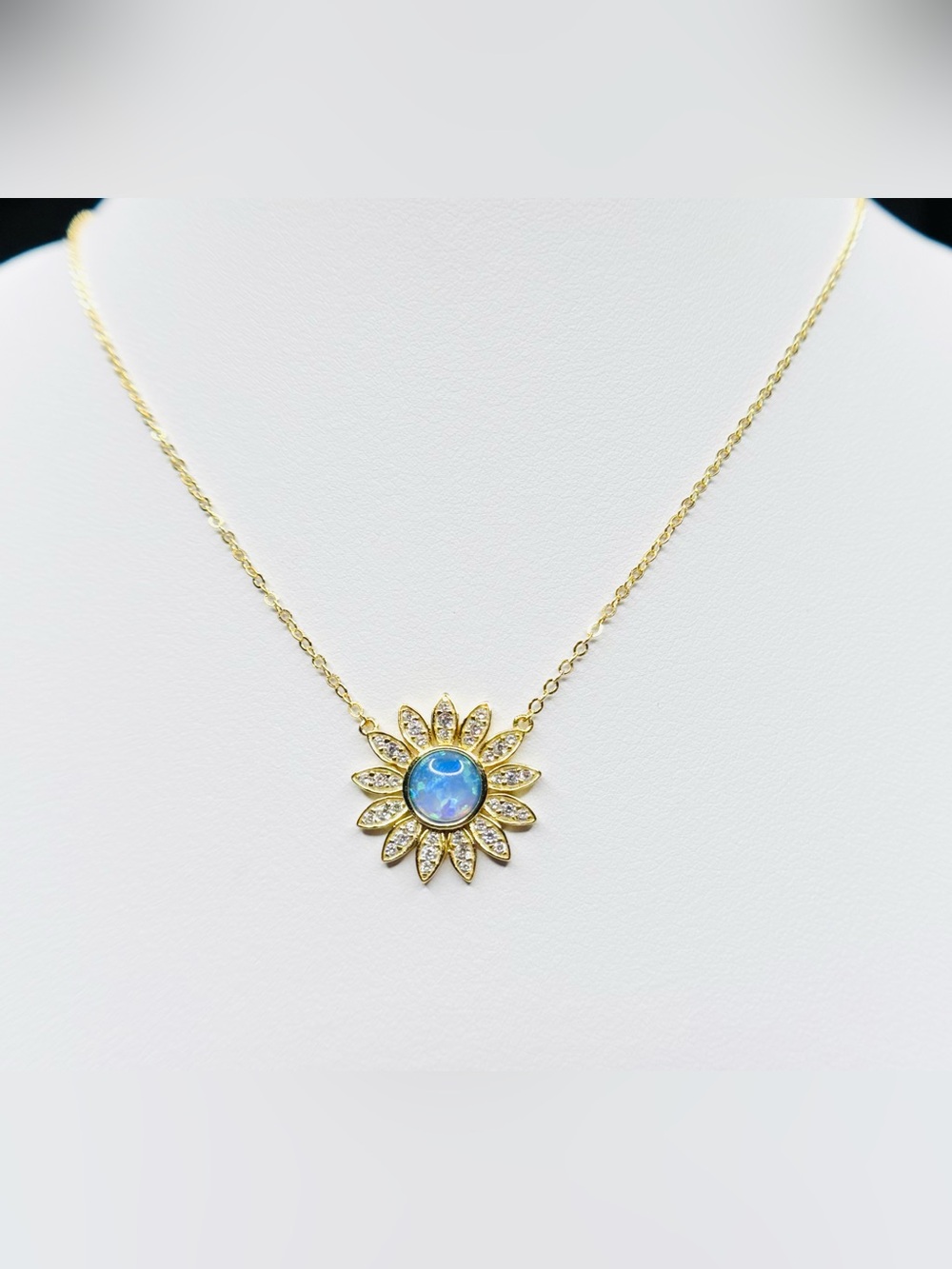 18K Gold Sunflower Pendant Necklace with Blue Opal Center